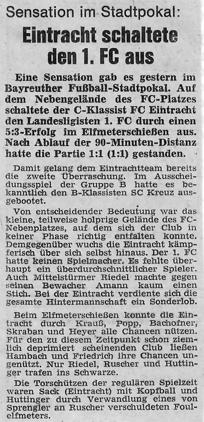Historisches Foto vom Stadtpokal 1976 des FC Eintracht Bayreuth