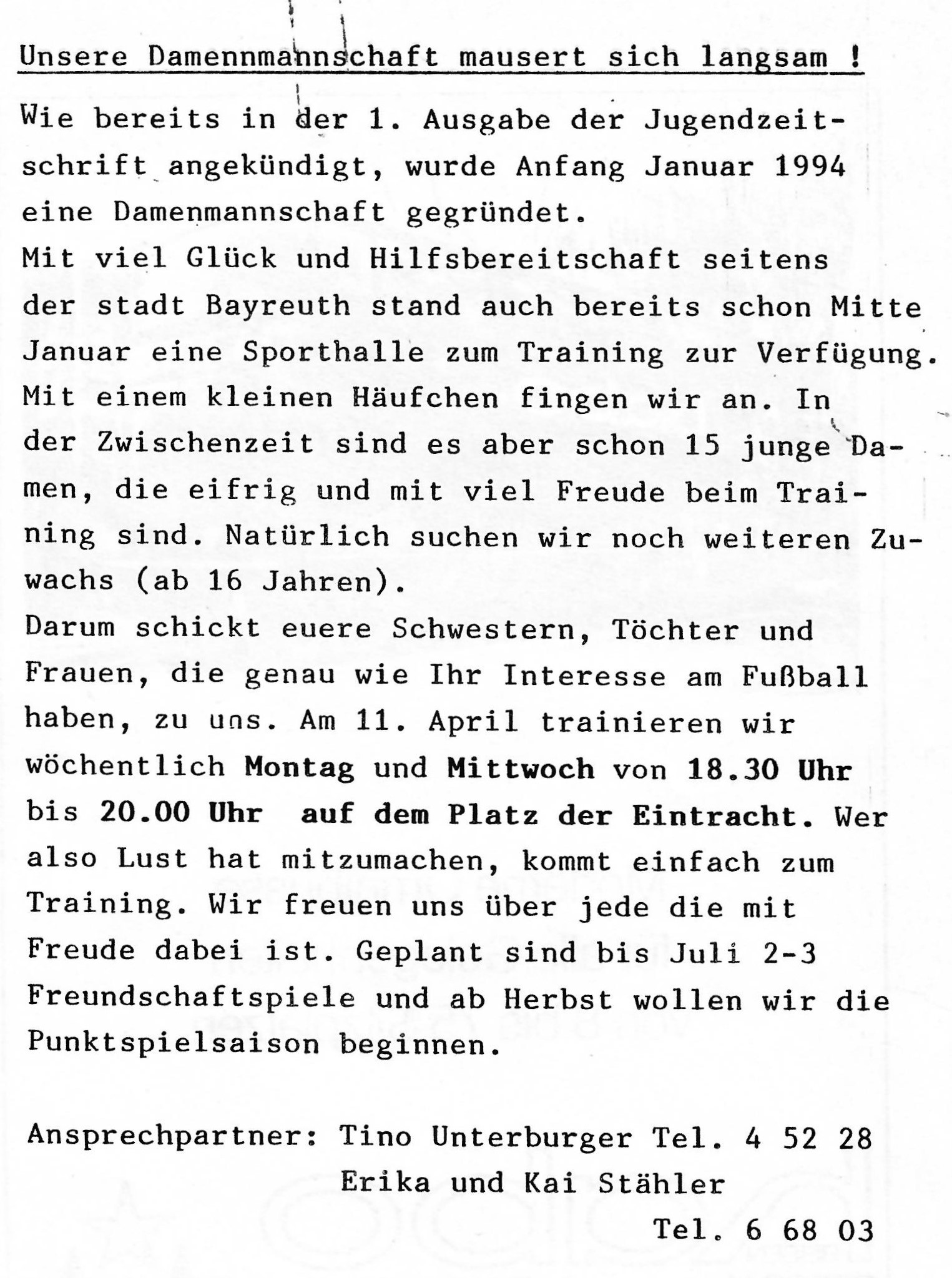 2. Ausgabe der Jugendzeitung 1994 mit Bericht über die Frauenmannschaft