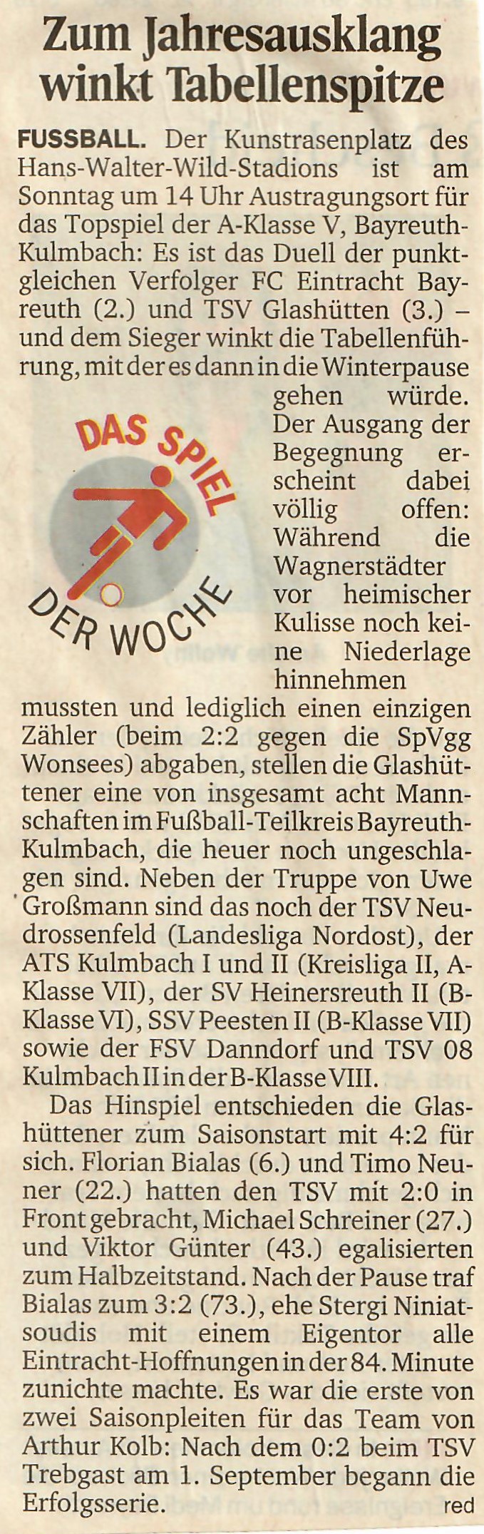 Weiterer Bericht des Nordbayerischen Kurier zum Spiel gegen den TSV Glashütten
